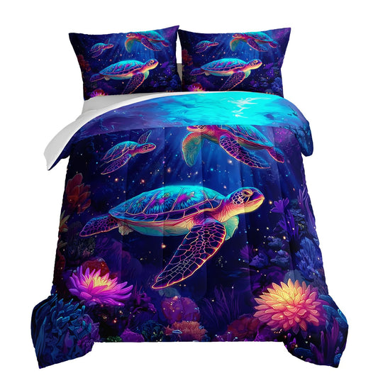 HOSIMA Sea Turtle Twin Comforter,Glowing Background Pattern Coastal Bedding for Kids Boys Girls Room Decor,Corals Print Ocean Themed Animal Bedding with 2 Pillowcases.