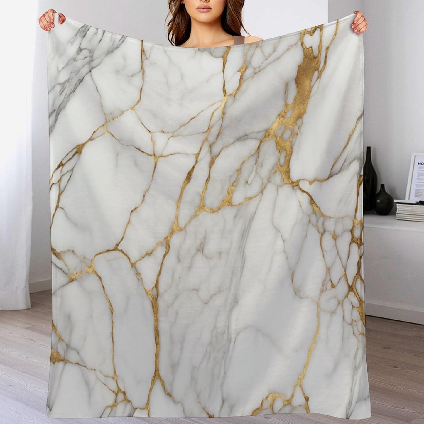 Marble Throw Blanket for Bed Sofa, 40"x50" Super Soft Warm Cozy Fluffy Plush Blanket, Modern Abstract Foil Texture White Gold Marble Flannel Couch Blanket for Travel Camping