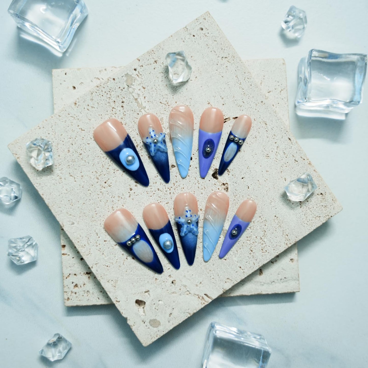 Tesytto Handmade Ocean Blue French Tip Press on Nails Long Stiletto - Luxury 3D Shell & Pearl Design, Summer Beach Vacation Fake Nails (Oceanic Carving,M)