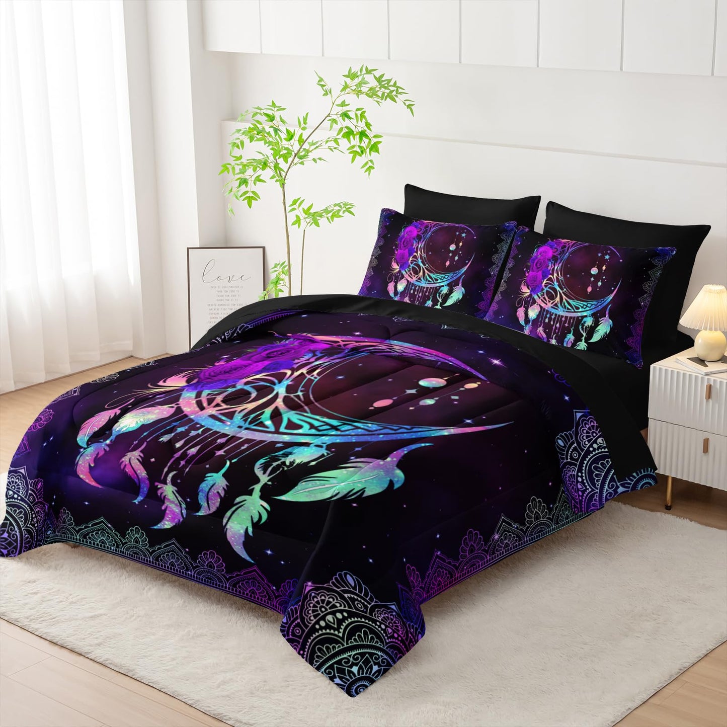 AILONEN Moon Dream Catcher Comforter Set - 7Pcs Soft Queen Size Bed in a Bag - Neon Mandala Boho Comforter,Fitted Sheet,Flat Sheet,2 Pillowcases,2 Pillow Shams for Room Decor