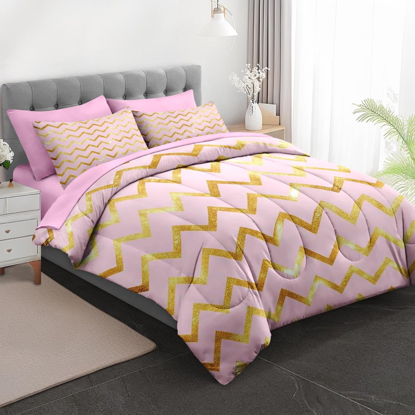 Boewywh Comforter Set Twin Size Gold Pink Glitter 7 Pcs, Bedding for Kids and Adults, Bed Sheet Sets with Fitted Sheet 2 Pillowcases & 2 Shams for Bedroom Bed Decor