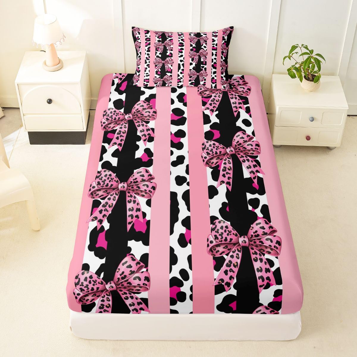 jejeloiu Pink Leopard Bow Fitted Sheet Twin Size for Kids Boys Girls Striped Coquette Bow Bed Sheets Set 16" Deep Pocket Soft Breathable Microfiber Leopard Bowknot Bedding with 1 Pillowcase Room Decor