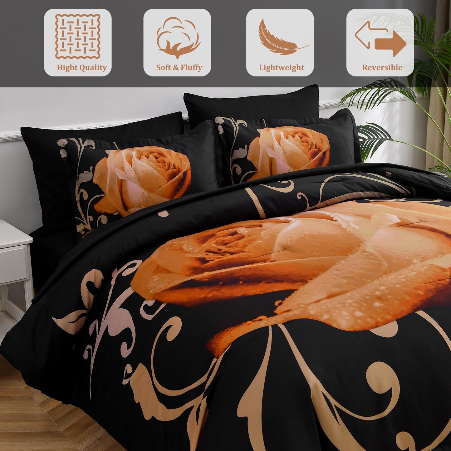 Xruibed Floral Comforter Set King 7 Piece Bed in a Bag Orange Rose Flower Comforter with Sheet Set Soft Micorfiber Bedding Set (1 Comforter,2 Pillow Shams,1 Flat Sheet,1 Fitted Sheet,2 Pillowcases)