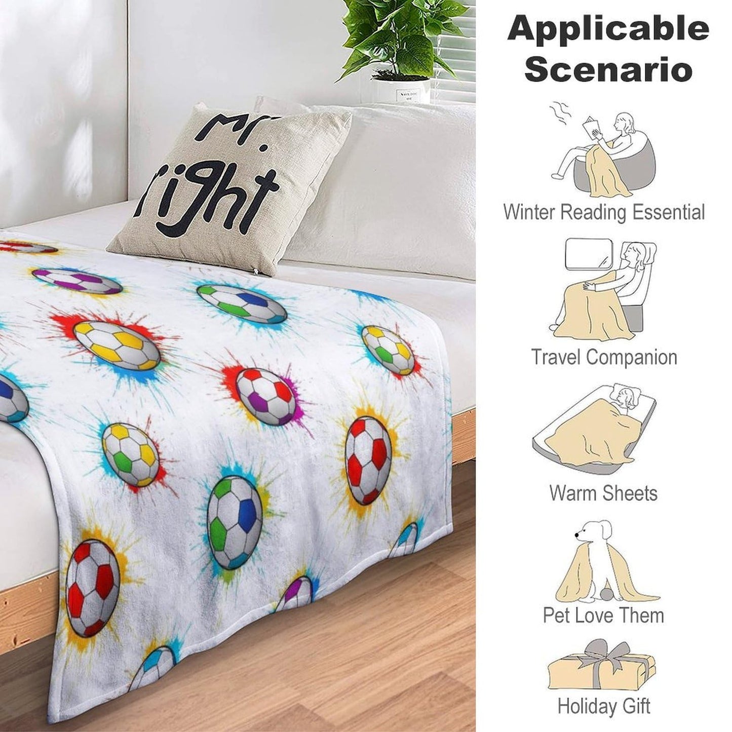 Soft Throw Blanket Cozy Warm Blanket for Bed, Sofa and Couch, Fashion Home Decor Bedspread Compatible with Soccer Splash