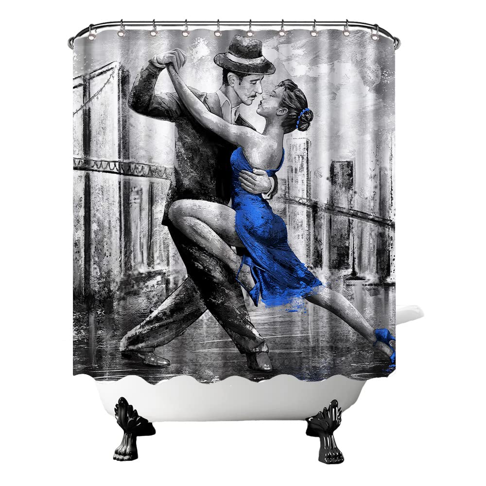 Conipit Dancing Couple Shower Curtain Black White Blue Shower Curtains Romantic Bathroom Curtain Waterproof Polyester Fabric 72"X72" with Hooks