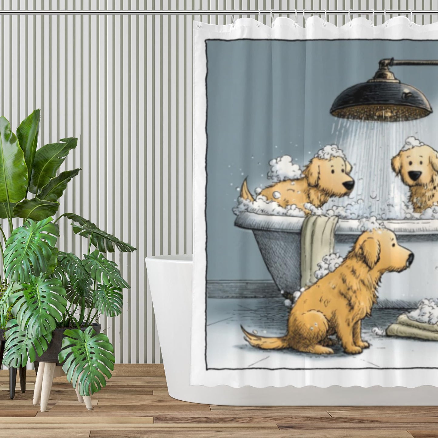 Wordatu Shower Curtain Funny Golden Retriever Cute Girls Boys Animal Paw Print Bones Kawaii Cartoon Colorful Pets Art Unique Bathroom 72x72 Inch Polyester Fabric 12 Hooks