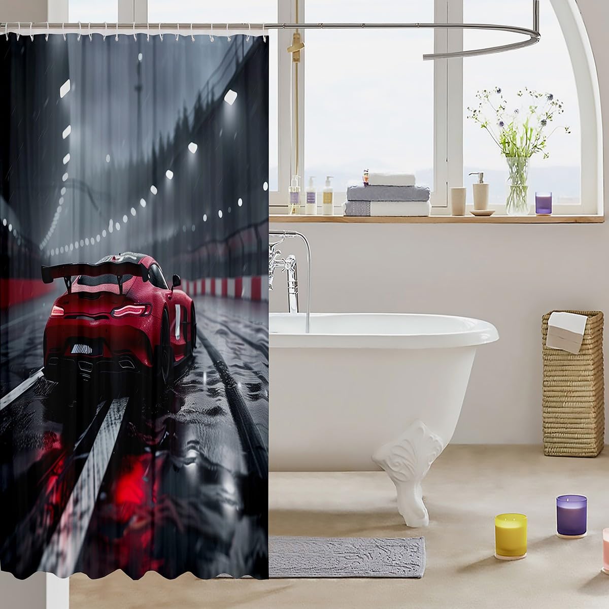 Feelyou Race Car Shower Curtain 72"x78" Speed Sports Car Bath Curtain Waterproof Extreme Sports Bathroom Shower Curtain Set for Kids Boys Girls Cool Modern Kids Bathroom Accessories