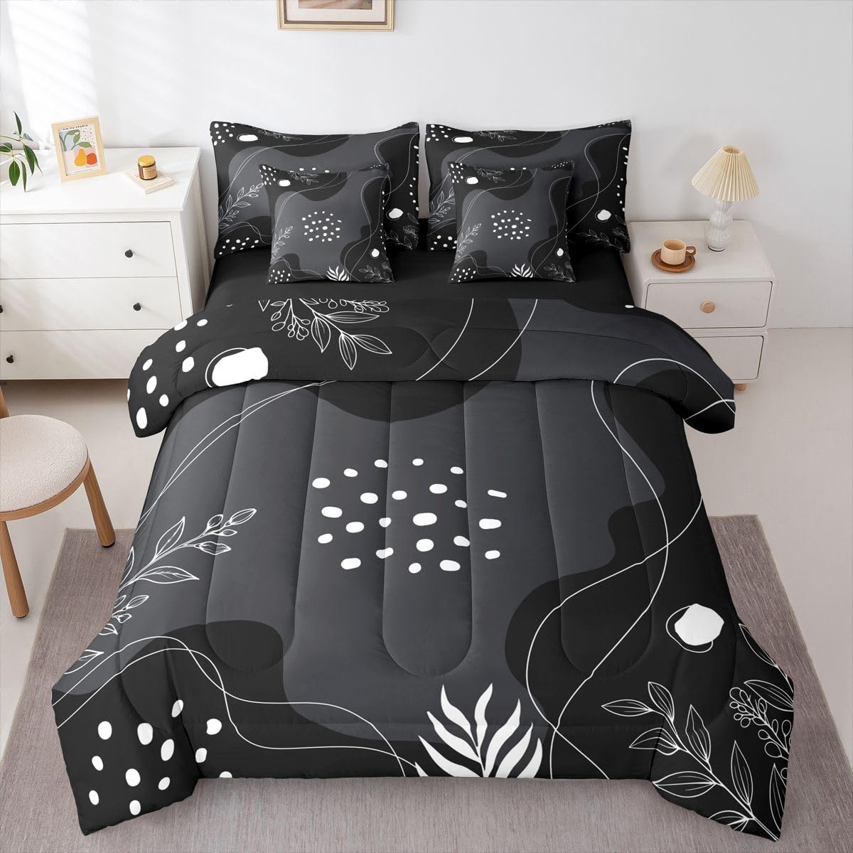 Erosebridal Mid Century Modern Comforter Set 7 Piece Bed in a Bag Twin Boho Black Grey Bedding Sets Simplistic Geometrical Comforter and Sheet Set, Geometric Lines Bed Sets