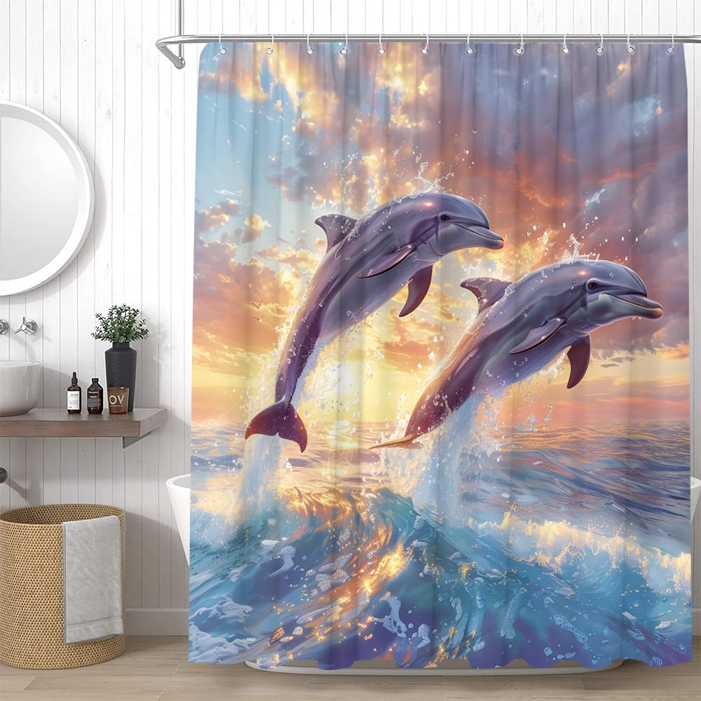 YSSFAV Jumping Dolphin Shower Curtain Cute Sea Animals Marine Life Ocean Beach Coastal Bathroom Decor Curtains Set with Hooks, 70" W x 70" H
