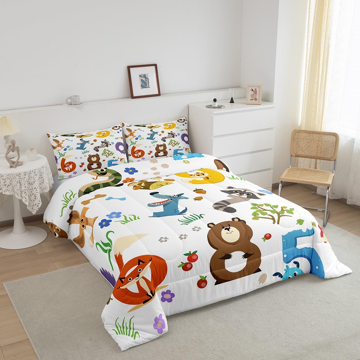 Feelyou Cartoon Animal Comforter Set King Size Zoo Animal Bedding Set for Boys Girls Teens Bedroom Decor Wildlife Comforter Women Men Hipster Style Duvet Set with 2 Pillow Case