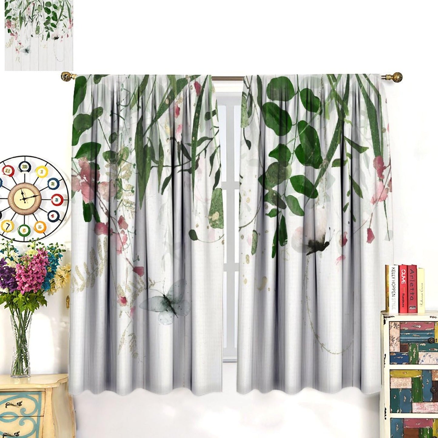 Rustic Floral Curtains Green Grey Eucalyptus Botanical Leaves Butterfly Farmhouse Flower Leaf Pattern Decor Rod Pocket Drapes for Bedroom Living Room,2 Panels Set,42x45Inch