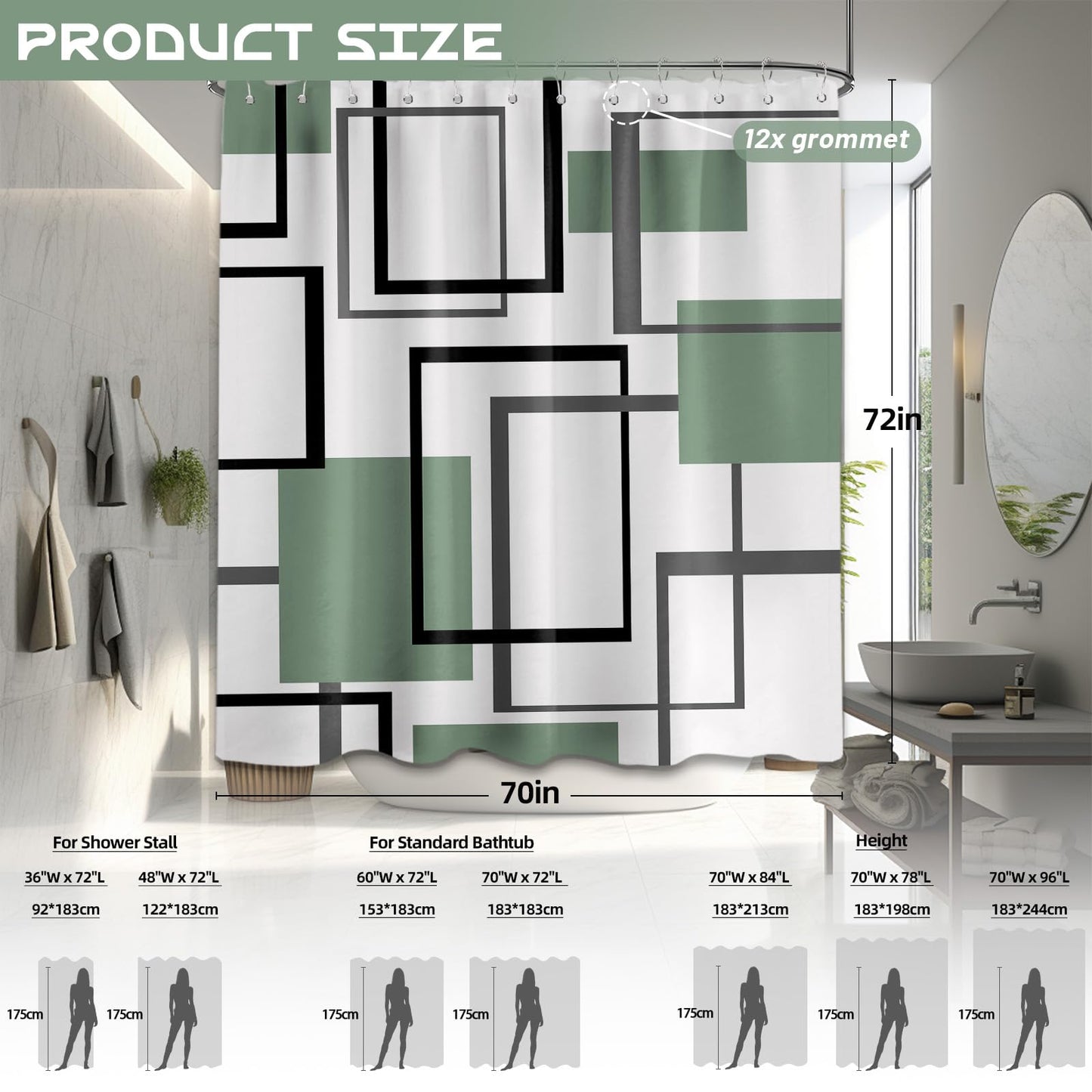 Yieldeer Geometric Shower Curtain, Green and White, 70 x 72 in