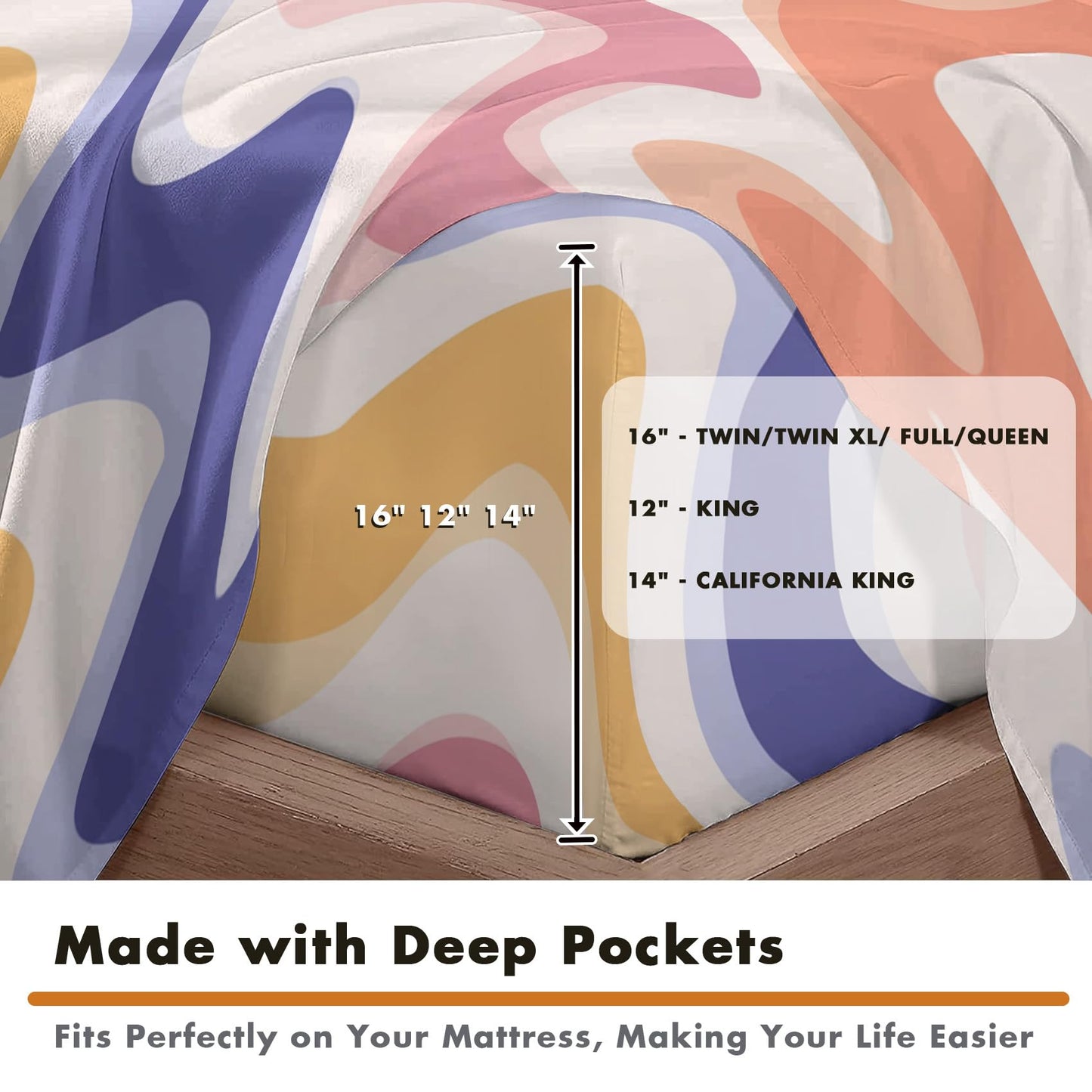 NOGAWA 70s Retro Sheets Full, Abstract Waves Bed Sheets, Colorful Bedding Sheets, Soft Microfiber Deep Pocket Fitted Sheet, Flat Sheet, 2 Pillowcases