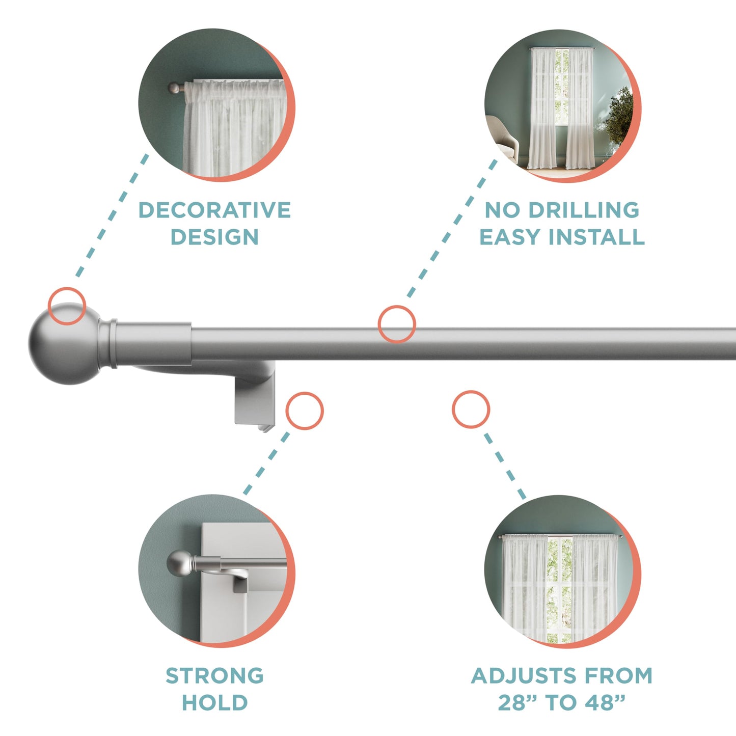Zenna Home Adjustable Curtain Tension Rod with Decorative Round Finials, No Drill Small Window Rod, Easy Install Expandable Tension Curtain Rod for Windows, 28 to 48 Inch, Brushed Nickel