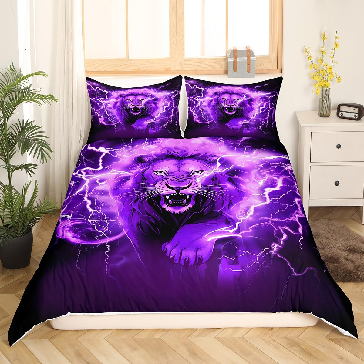 Manfei Lion Duvet Cover Set Queen Size, Purple Lightning Lion Comforter Cover with 2 Pillowcases, Wild Animal Theme Bedding Set 3pcs for Kids Boys Teens Adults Lightweight Bedspread Cover,No Comforter