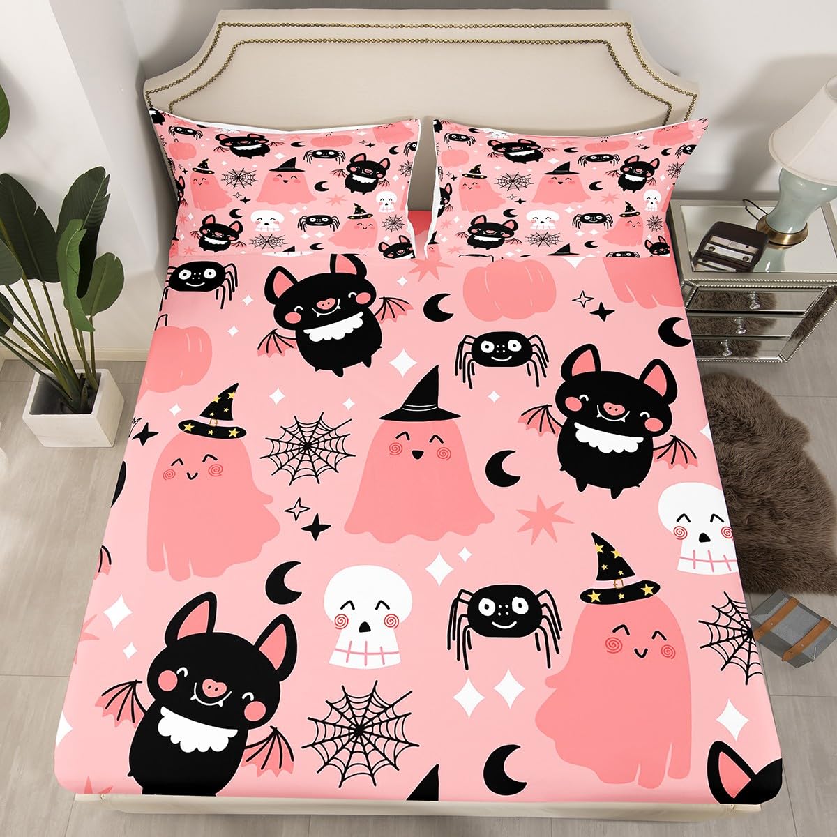 Feelyou Pink Halloween Bat Kids Full Size Bedding Set Decoration Cute Ghost Toddler Sheets Set for Boys Girls Kawaii Skull Fitted Sheet Pink Bed Sheet Set Collection