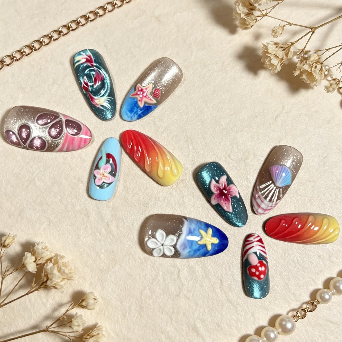 3D Press On Nails Almond Medium Fake Nails with Cat's Eye Embossed Marine Life&Floral French Designs, Acrylic Artificial Nail Press ons False Stick On Nails for Women Girls 30Pcs