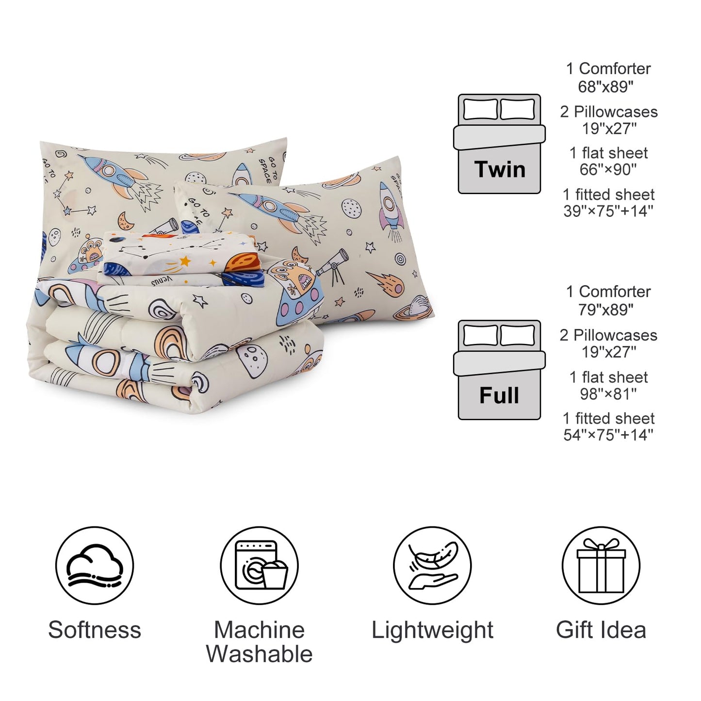 Aimuan Space Comforter Twin Set Kids Rocket Bedding Set Super Soft & Cute Aliens UFO Printed for Boys Girls Teen (Cream, Full 5Pcs)