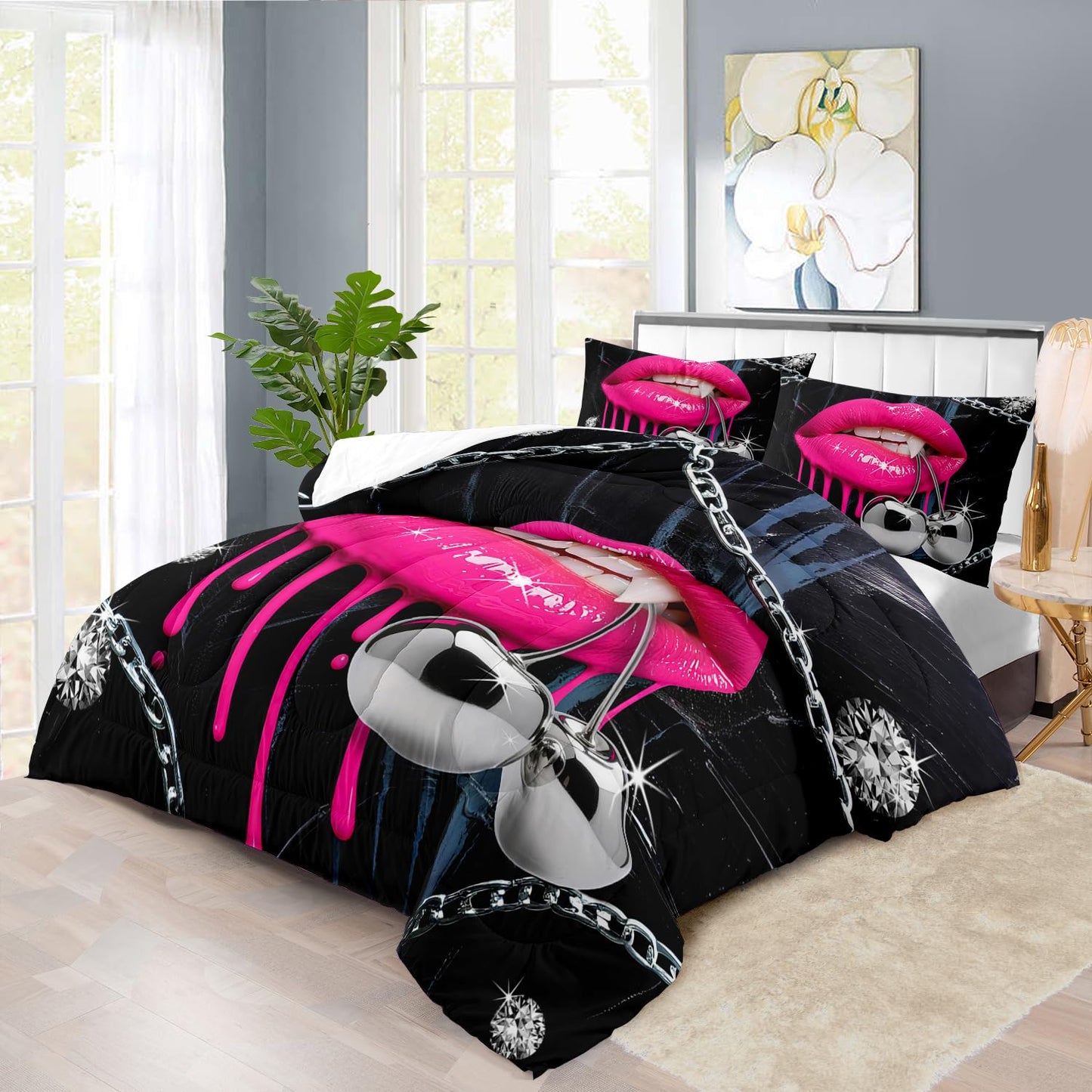 llyxsesty Pink Lips Comforter Set Queen Girls Goth Fashion Comforter Set Couple Black Goth Bedding for Women Vampire Bedding for Home Girls Vampire Bedroom Decor Elegant Home Decor