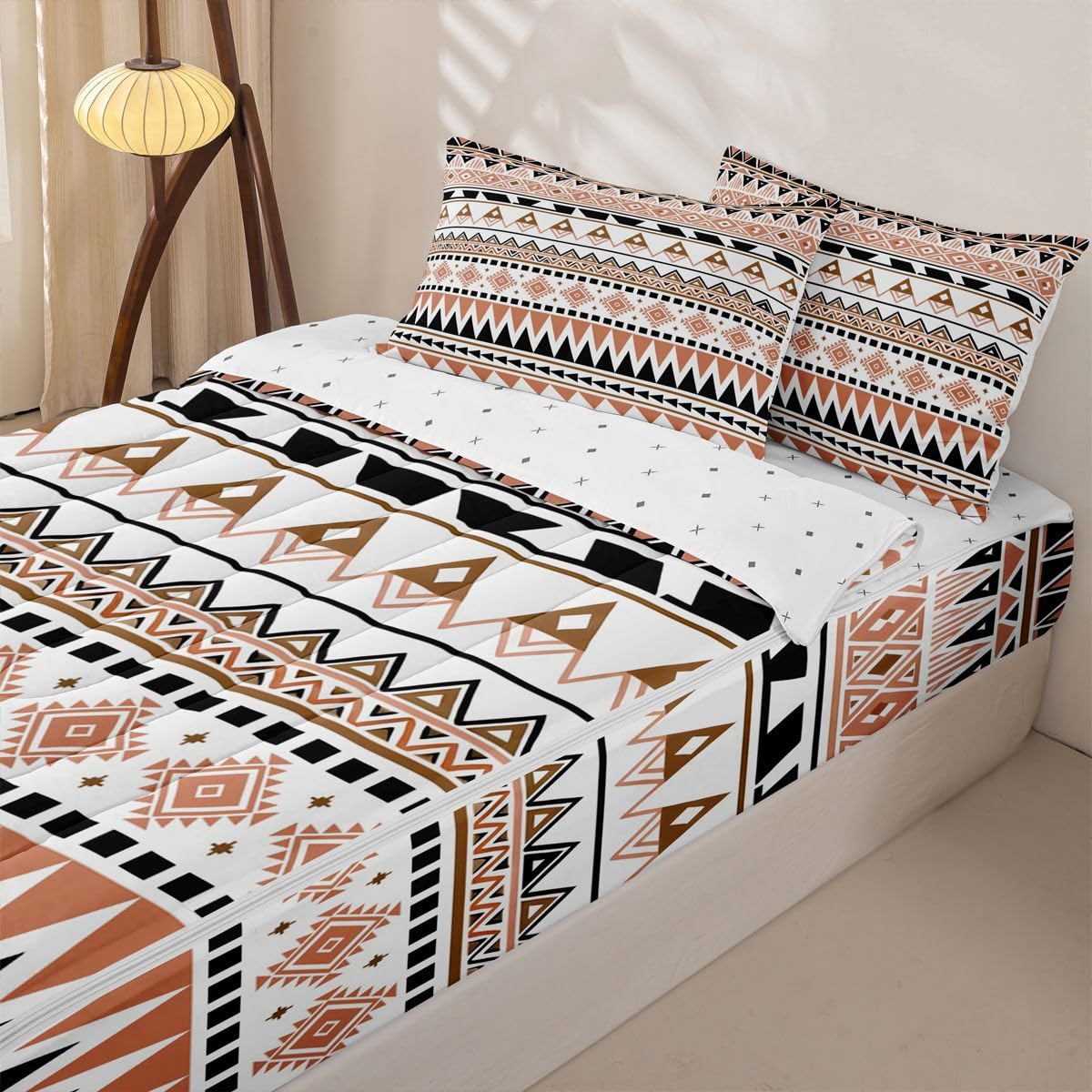 Western Zipper Bedding Set Queen Zip Up Bedding Ethnic Tribal Arrow Comforter Set Vintage Exotic Geometric Triangle Bed in a Bag African Indian Tribal Sriped Rhombus Bed Set with Comforter and Sheets