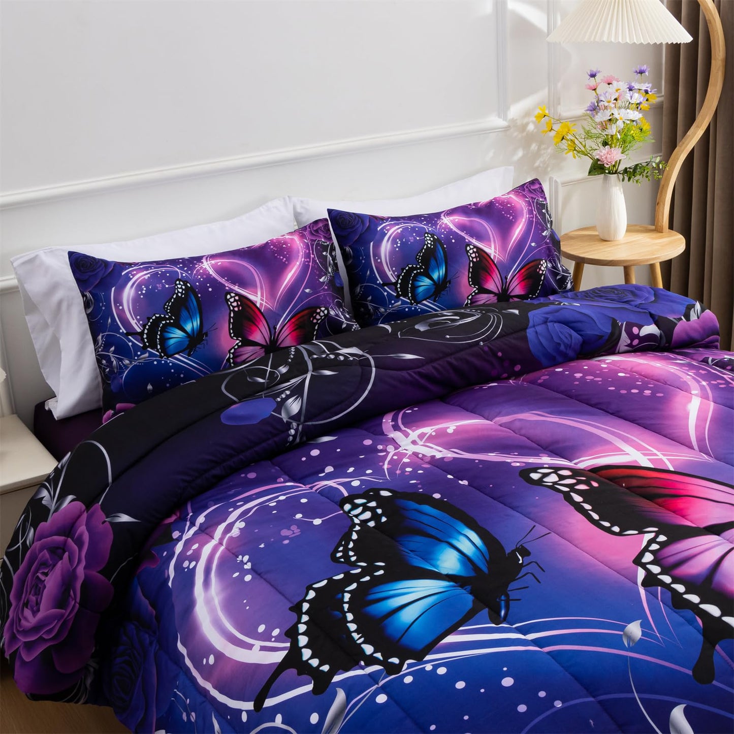 A Nice Night Galaxy 6pcs Bed in A Bag Purple and Blue Dreamy 3D Butterfly Printed, Butterflies Bedding Twin Comforter Set, for Girls Kids Teens