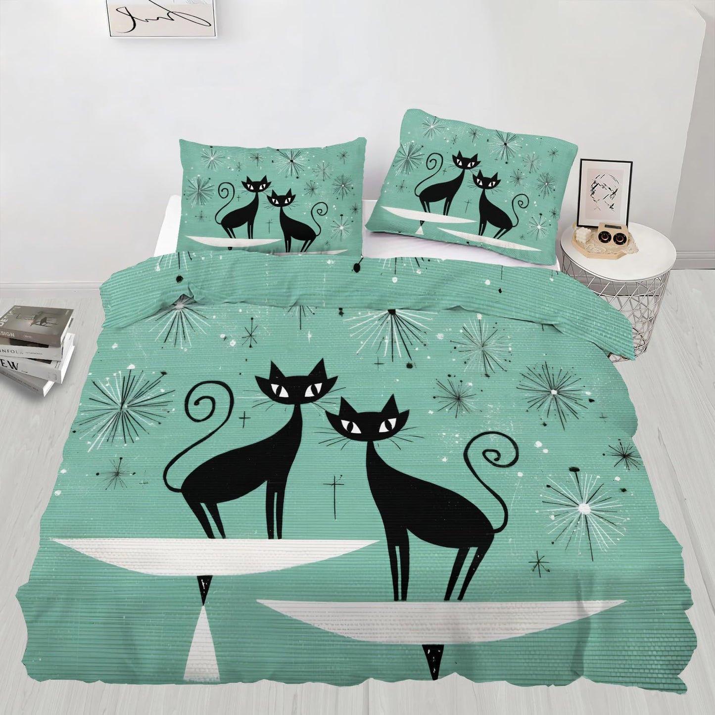 ZAMODE Cat Comforter Cover 90" x 90", Mid Century Black Cat Bedding Queen Size, Retro Atomic Duvet Cover with 2 Pillowcases
