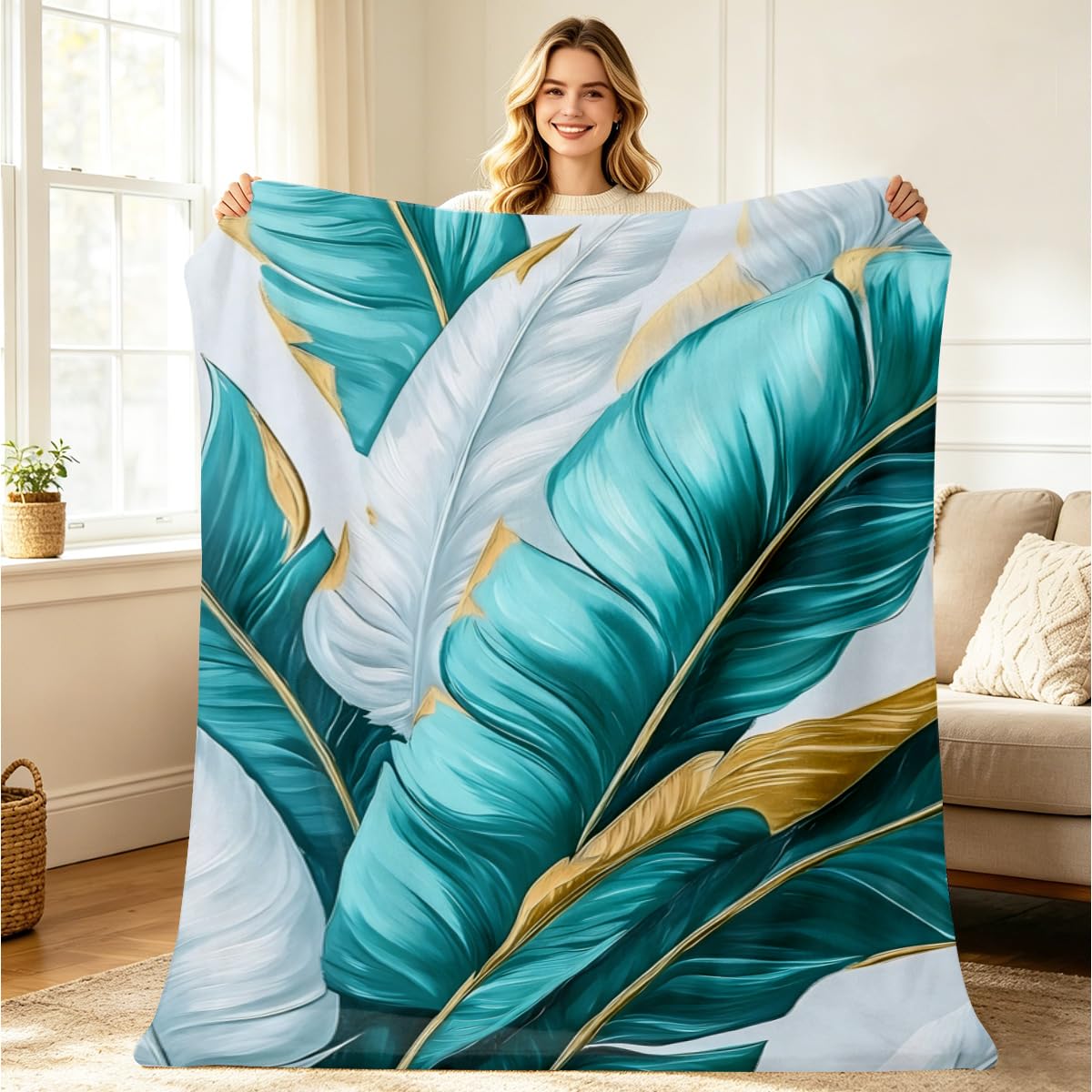 HUNXIAOJ Tropical Blankets and Throws Tropical Plant Blanket for Couch Bed Room Home Decor Tropic Leaf Throws Teal Gold Botanical Decor Flannel Gifts for Women Adults Kids 49"x59"