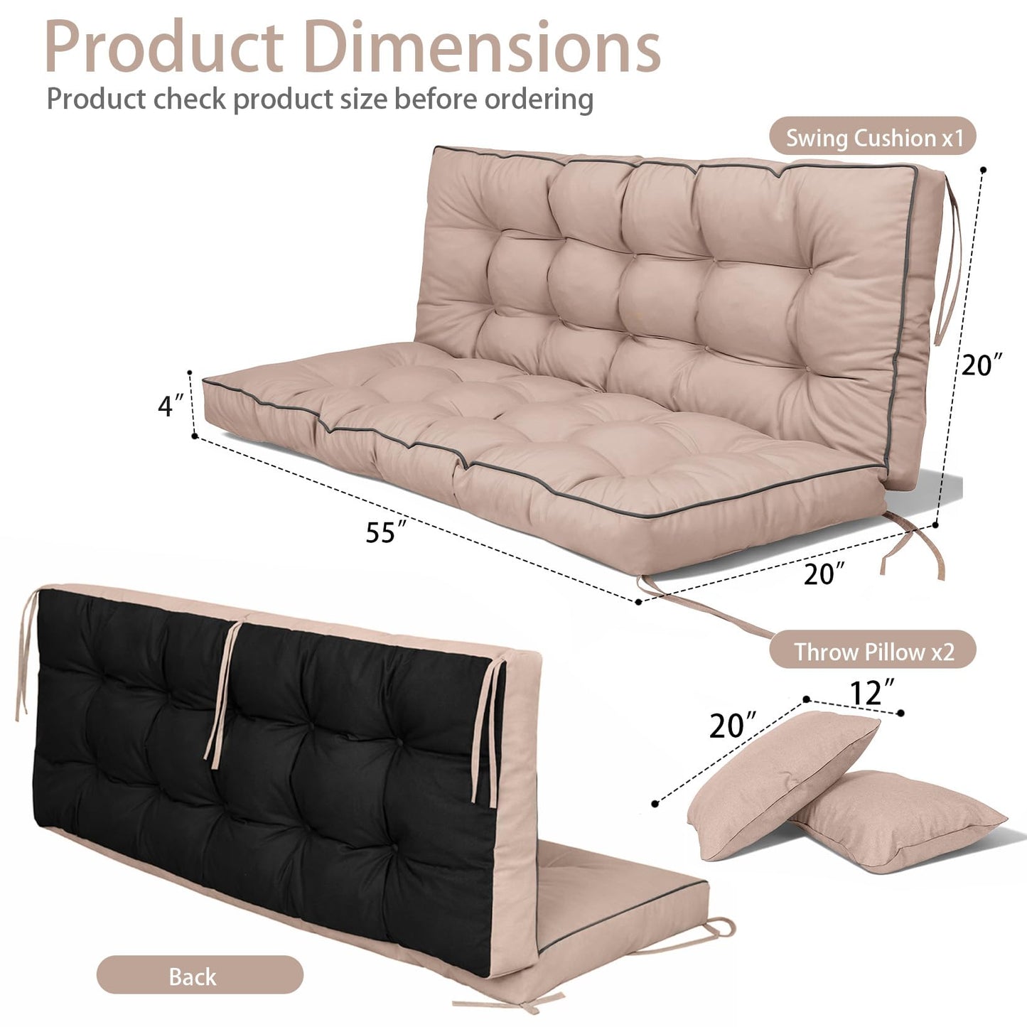 Kerkrot Porch Swing Cushions, Waterproof & Fade Resistant Outdoor Swing Cushion 55 Inch, Swing Cushions 3 Seater Replacement for Outdoor Furniture, Patio, Garden (Khaki, 55 x 40 inch)