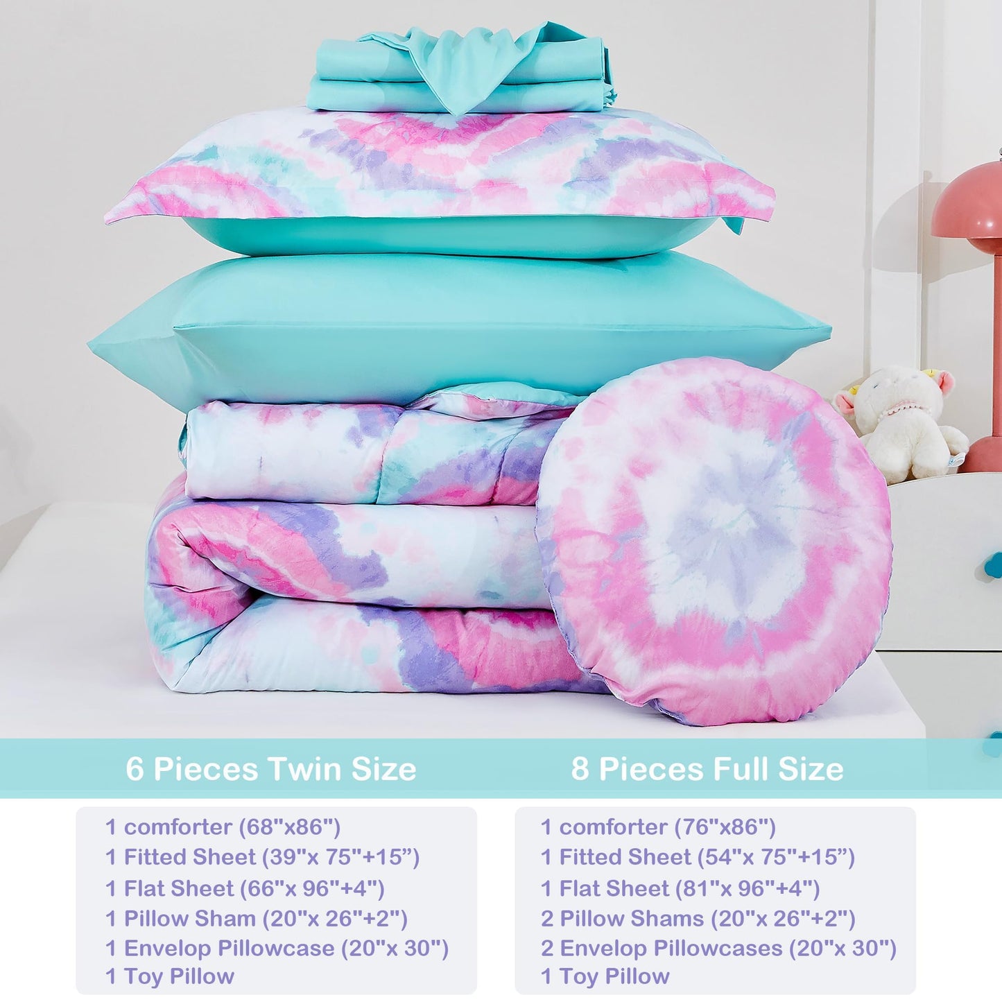 Mooreeke Tie Dye Kids Comforter Bed Set Twin Size for Girls, 6 Pieces Bed in a Bag with Shams, Sheet Set, A Toy Pillow Dark Pink Round Flower Twin Soft Microfiber Kids Comforter Bedding Set