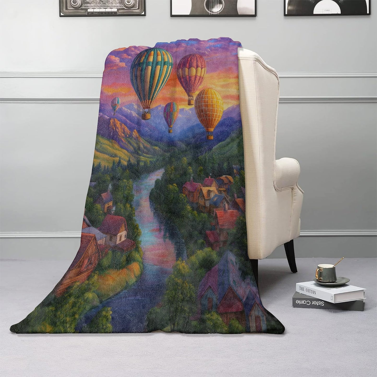 Kibue Hot Air Balloon Blanket Warm & Cozy Flannel Village Throw Blanket - Soft Plush Lightweight Blankets for Travel, Sofa, Bedroom, Office, Home Decor for Adults Kids Women 60"×50"