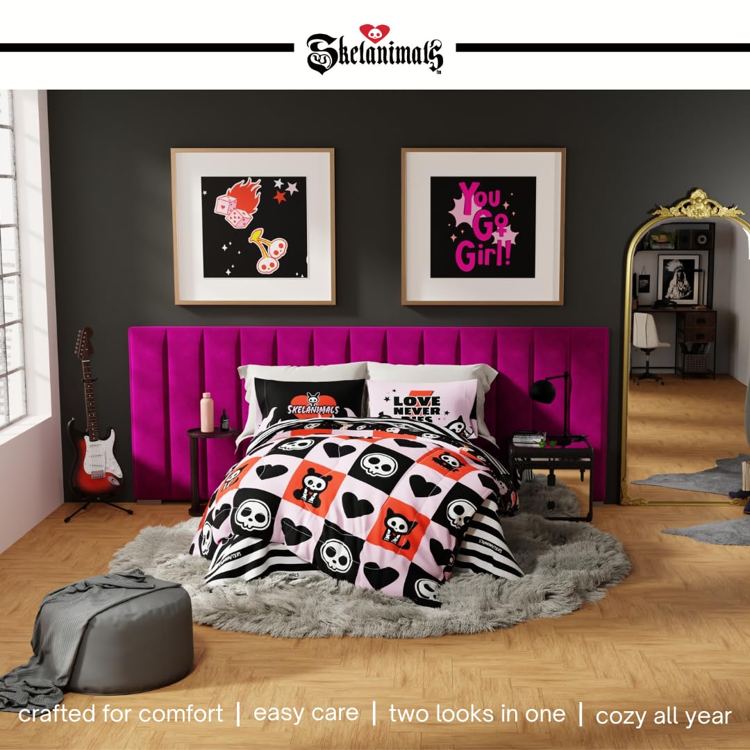 Skelanimals Bedding 5 Piece Twin Bed Set, Soft Checkered Comforter and Sheet Set with Sham, Kit The Cat, (Officially Licensed Product) by Franco Collectibles