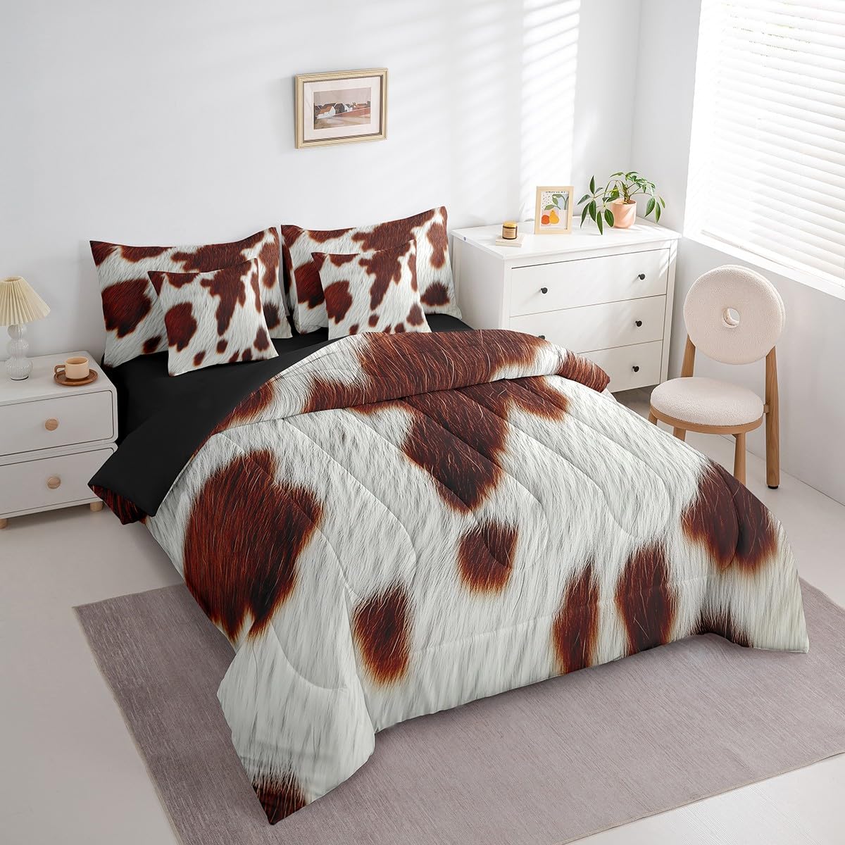 Erosebridal Cowhide Bed in A Bag Twin Size Cute Cow Print Kids Comforter Set 7 Piece Western Animal Skin Bedding Set for Boys Teens Adult Bedroom Decor Wildlife Cowboy Farmhouse Sheets