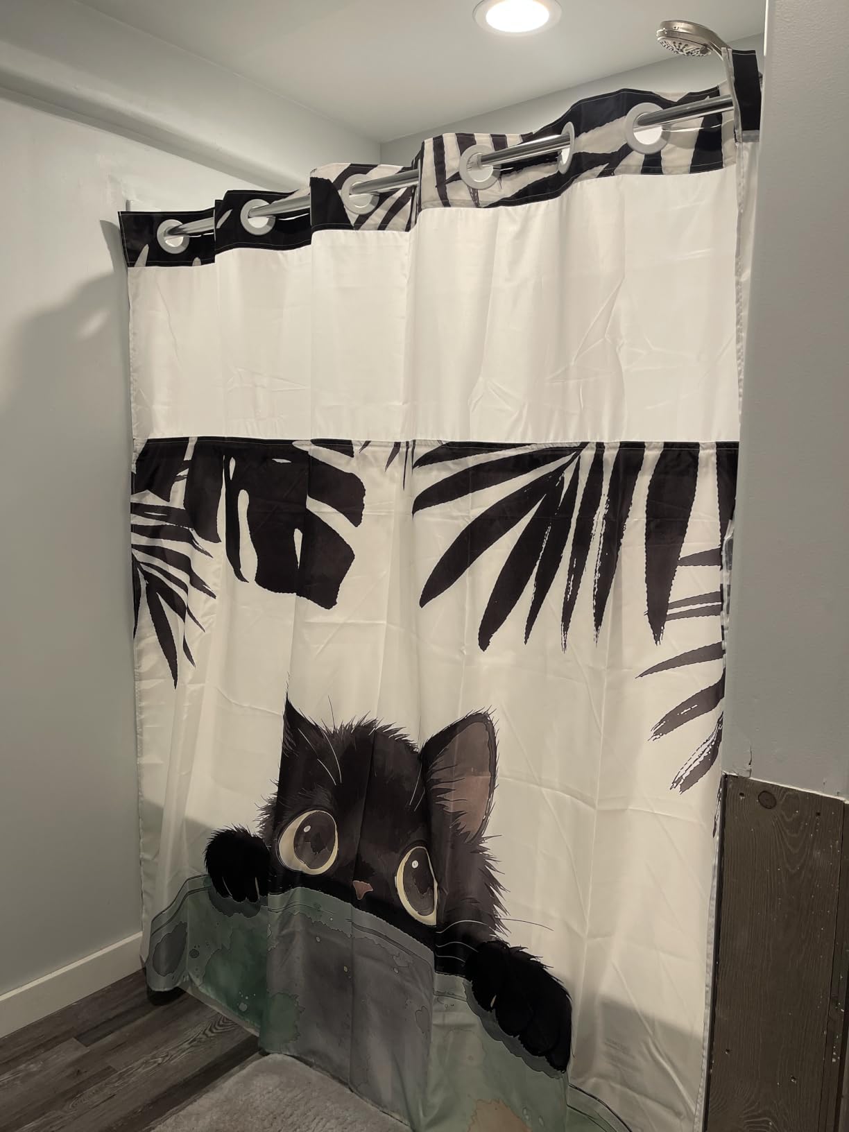 Xiazhilaio No Hook Black Cat Shower Curtain with Snap-in Liner 71 x 74 Inch