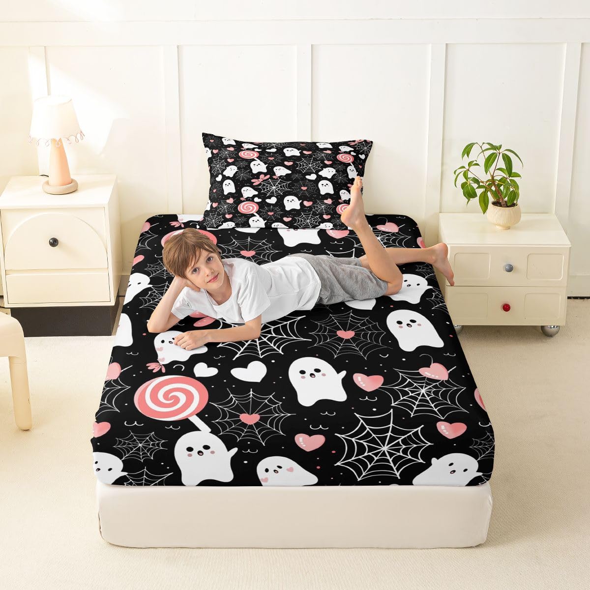 Feelyou Ghost Fitted Sheet Twin Size for Kids Boys Girls Misty Forest Bed Sheets Set 16" Deep Pocket Soft Breathable Microfiber Trick or Treat Bedding with 1 Pillowcase Candy Room Decor Spider Web