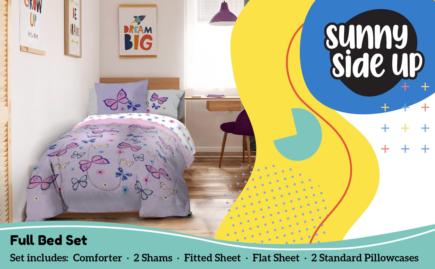Sunny Side Up Butterfly Full Comforter Set - 7 Piece Kids Bedding Includes Comforter, Sheets & Pillow Cover - Super Soft Purple Floral Microfiber Bed Set