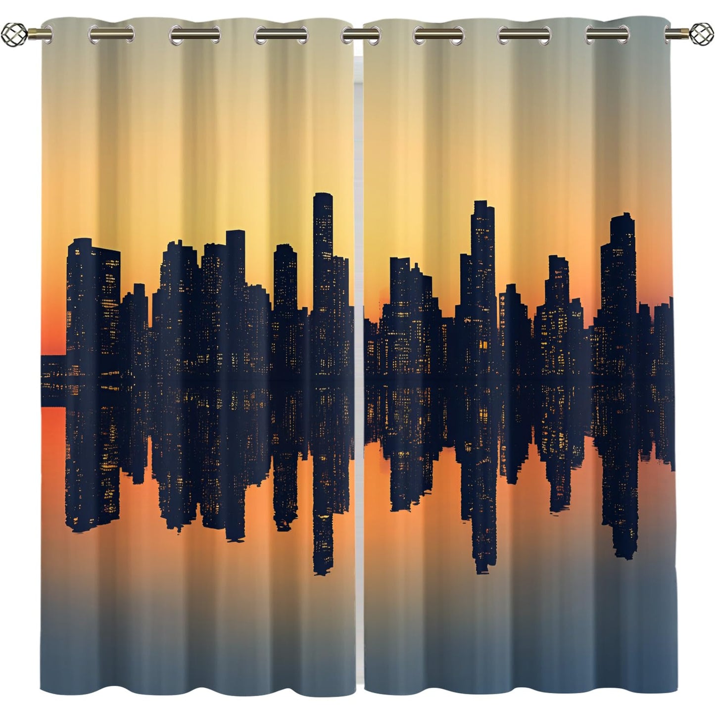 XAFIAUR City Skyline Blackout Curtains, Skyscraper Silhouettes Curtains for Living Room, Sunset Black Out Bedroom Curtain Thermal Insulated Grommet Drapes 2 Panels, for Boys Room 26" W x 63" L x2