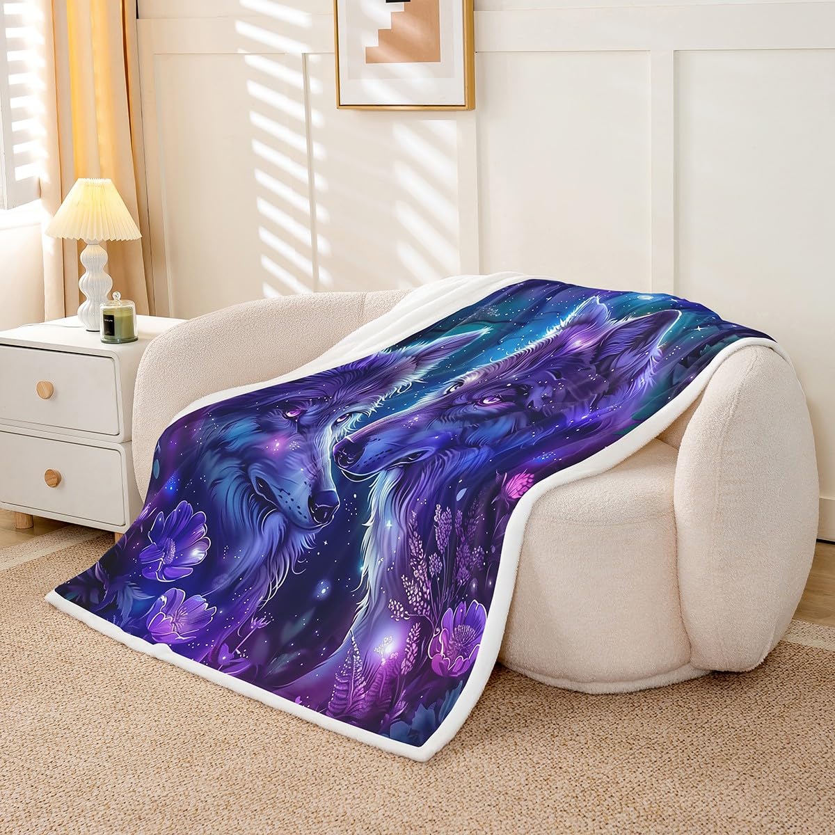 Erosebridal Wolf Fleece Blanket Botanical Flowers Sherpa Blanket 90"x90", Boho Floral Woodland Animals Galaxy Jungle Wild Animal Fuzzy Plush Throw