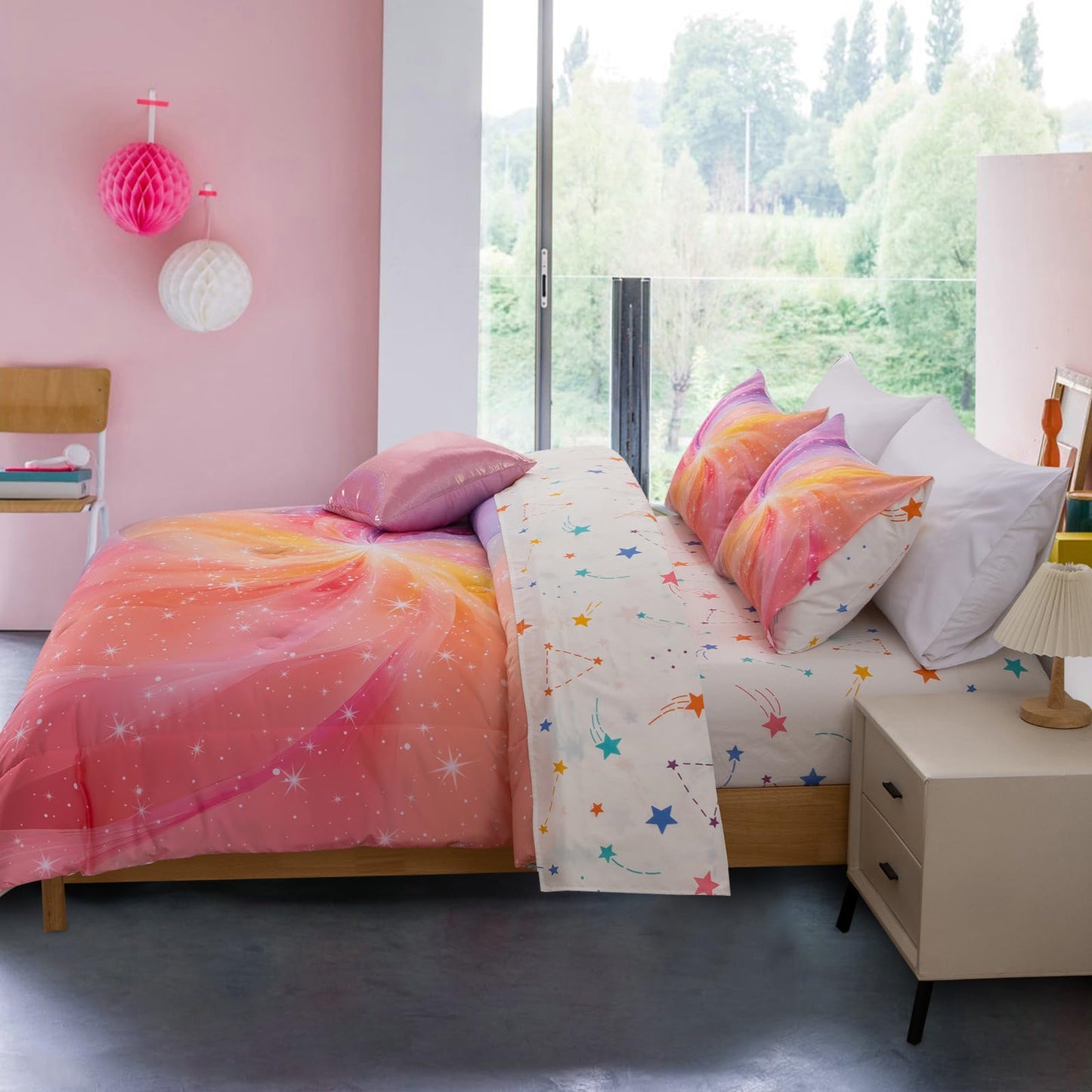 A Nice Night 6Pcs Twin Swirling Galaxy Dreamy Comforter Set, Colorful Rainbow Gradient Glitter Tie Dye Comforters, Ultra Soft Bedding Set (Purple-Pink, Twin 6Pcs)