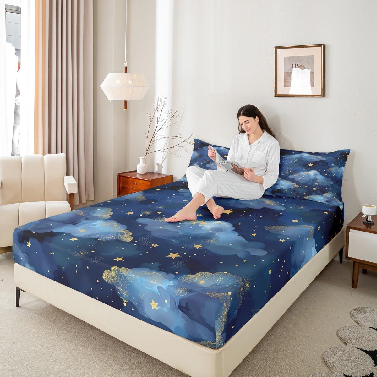 Castle Fairy Night Sky Sheet Set Trippy Starry Galaxy Bedding Set Ombre Blue Cloud Bed Sheets Teens Room Decor Navy Blue Bed Set (Twin Flat Sheet & Fitted Sheet with 1 Pillow Case)