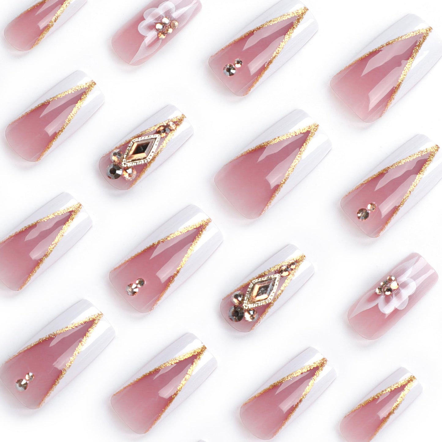 RTKHFZE Press on Nails Long Square Fake Nails Gold Glitter V Shape False Nails French White Flower and Three-Dimensional Rhinestones Designs Acrylic Nails Glossy Full Cover Stick on Nail for Women