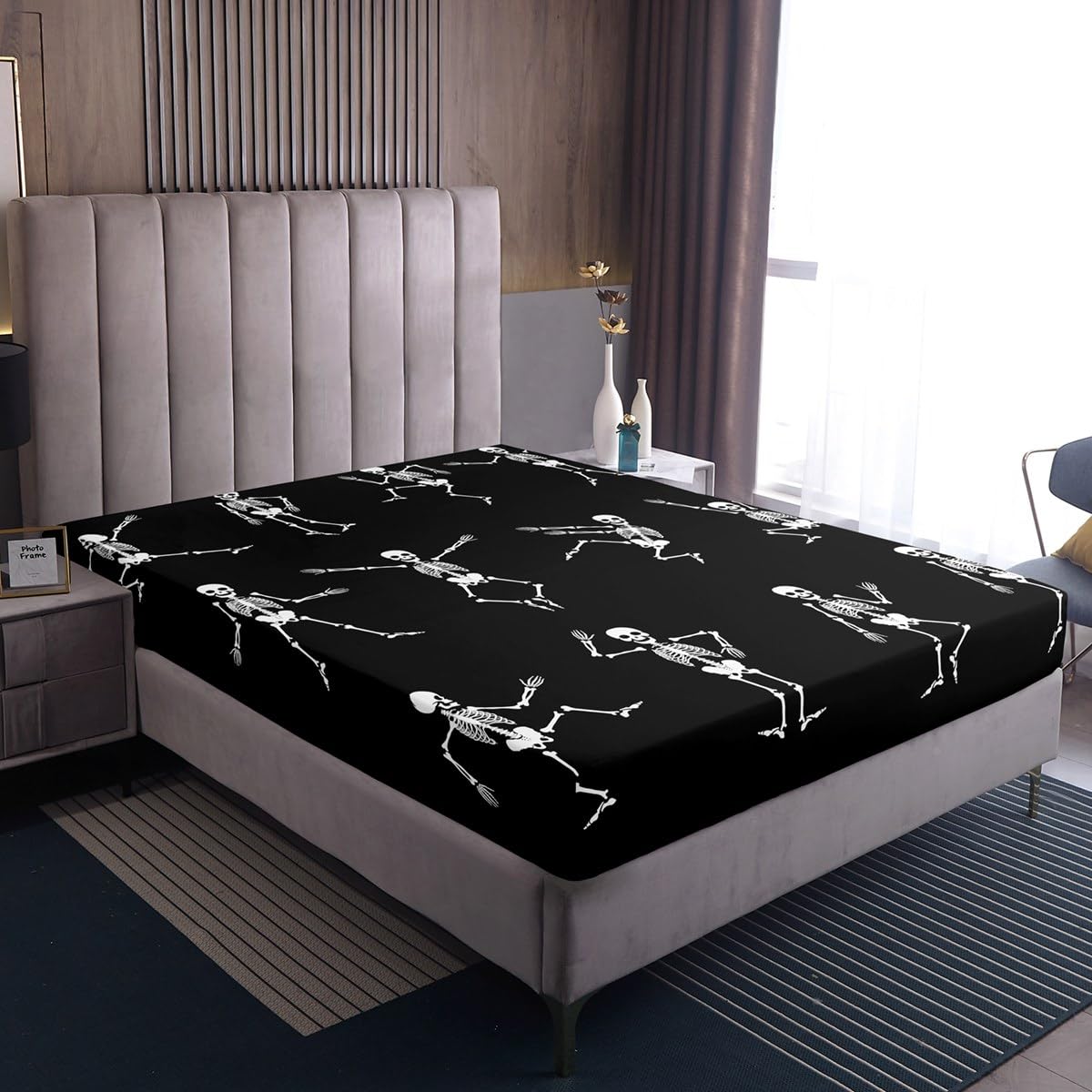 Erosebridal Sugar Skull Sheet Set Full Size Skeleton Bones Bedding Set for Kids Boys Girls Teens Adult Halloween Horror Theme Fitted Sheet Gothic Spooky Bed Sheet Wrinkle Bedclothes(No Flat Sheet)