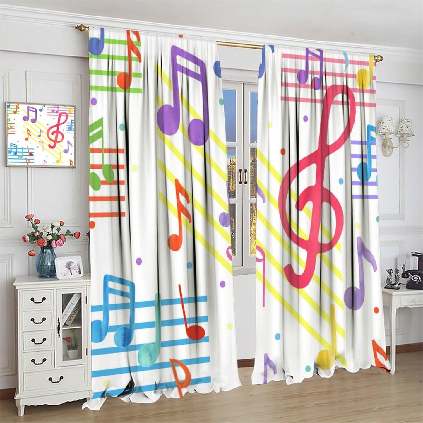 Cool Musical Theme Notes Curtains - Colorful Abstract Modern Music Symbol Print Window Drapes Room Darkening Blackout Curtains Thermal Insulated Rod Pocket Curtains for Bedroom 2 Panels 45"L x 21"W