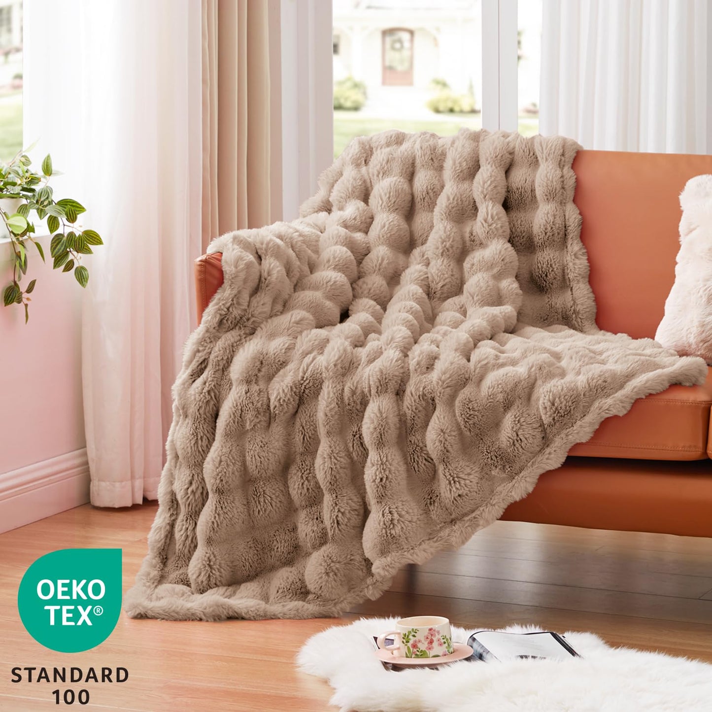 EXQ Home Fluffy Faux Rabbit Fur Throw Blanket for Couch, Soft Luxury Bubble Double Sided Plush Blanket, Cozy Thick Warm Fuzzy Decorative Blanket for Bed Chair Sofa Living Room,50"X60"(Brown)