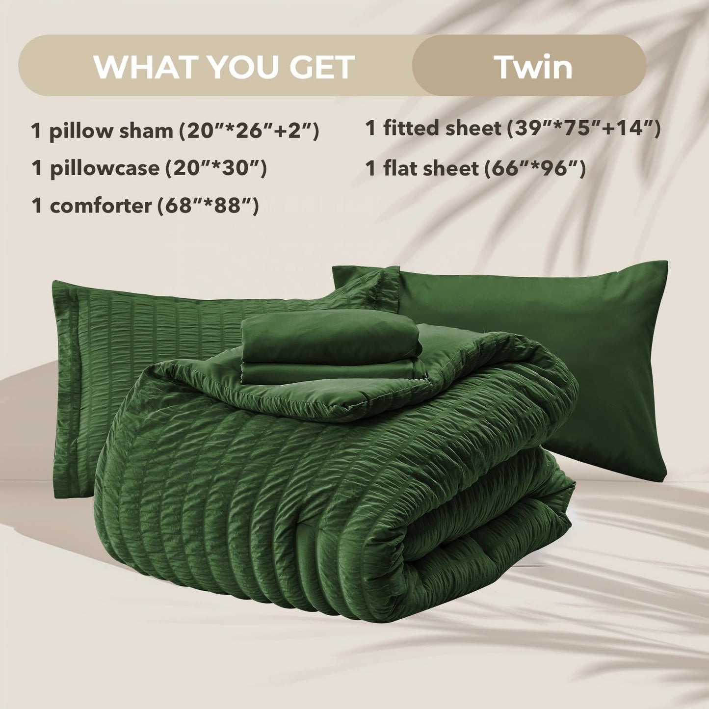 HYMOKEGE Dark Green Twin Comforter Set Seersucker 5 Pieces, All Season Luxury Bed in a Bag Queen for Bedroom, Bedding Set with Comforter, Sheets, Pillowcase & Sham
