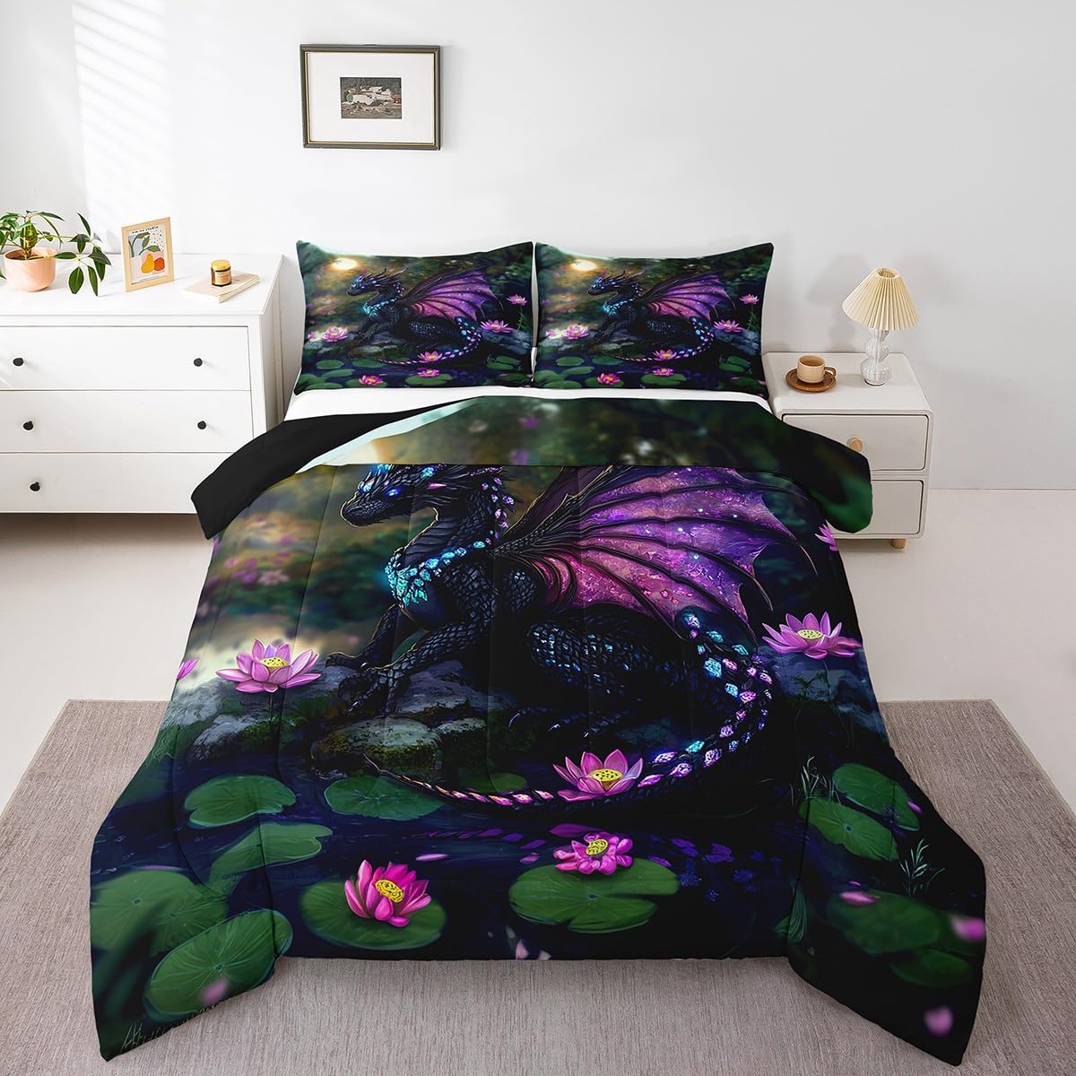 Feelyou Dragon Comforter Set Twin Size Dragon Stuff Comforter for Boys Girls Teens Wild Life Bedding Set Lotus Flower Duvet Set Room Decor Green Purple Quilt Set