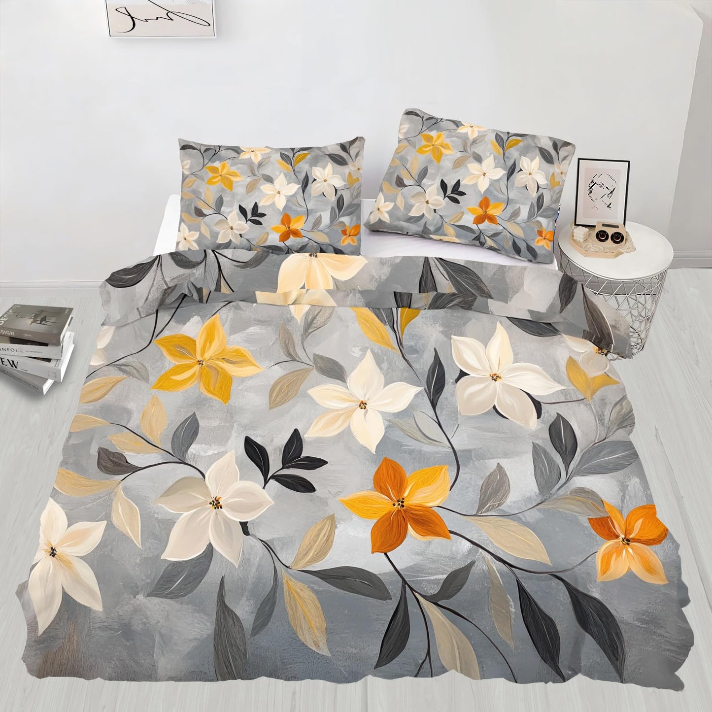 PAISUOQ Floral Bedding Sets, Nordic Floral Duvet Cover Queen, Rustic Gray Comforter Cover with Zipper Ties, 3 Pieces with 2 Pillowcases, Home Decor & Gifts