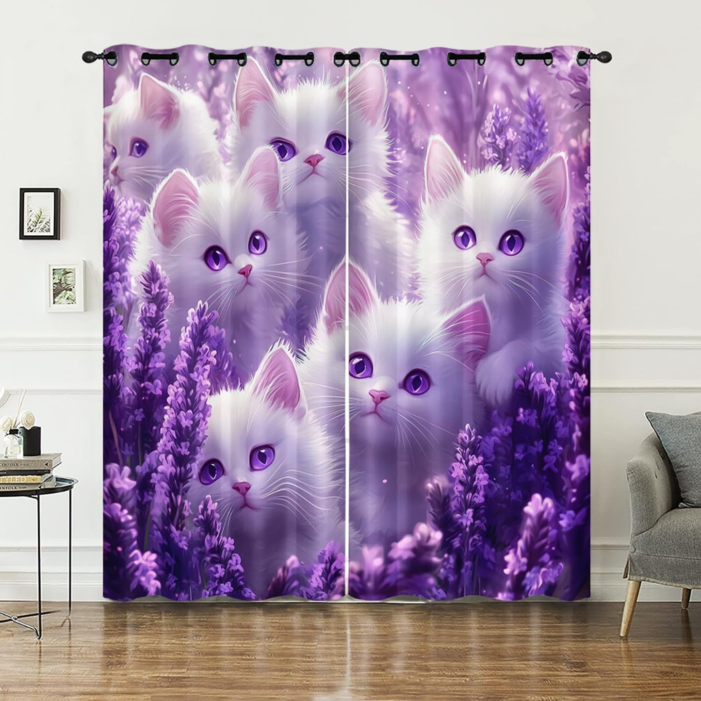 AILONEN 3D White Cat Window Curtains for Girls Bedroom,Cat Lovers Animal Design Curtains Tiers,Purple Lavender Decor Living Room Bedroom Window Drapes 2 Panel Set, 42" W x 63" H