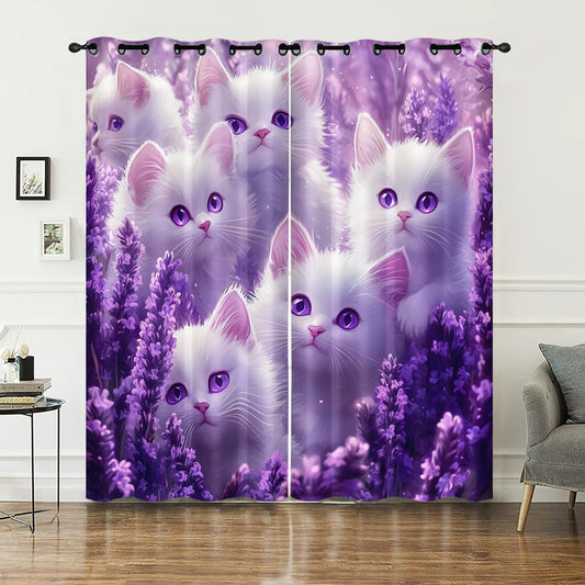 AILONEN 3D White Cat Window Curtains for Girls Bedroom,Cat Lovers Animal Design Curtains Tiers,Purple Lavender Decor Living Room Bedroom Window Drapes 2 Panel Set, 42" W x 63" H