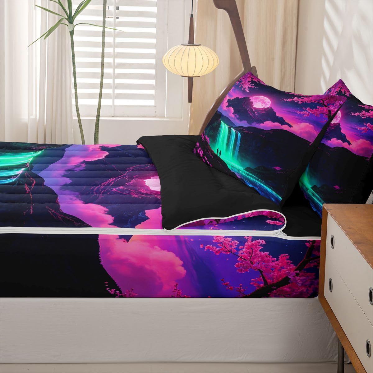 Feelyou Japanese Anime Zipper Bedding Sets for Kids Boys Girls Japan Full Comforter Set with Fitted Sheet Nature Landscape Bedroom Decor Microfiber with 2 Pillow Cases
