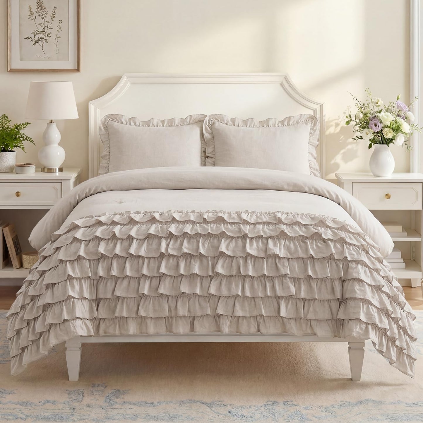 Bedorm 100% Cotton Duvet Cover Set King Beige Ruffle Bedding Set Multi-Layers Ruffled Design Shabby Chic Duvet Cover 3Pcs Soft Breathable Cotton Bed Set